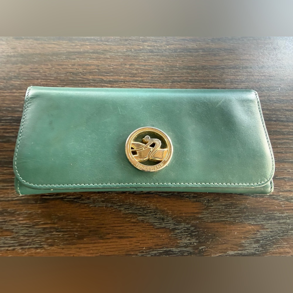 Green Leather Wallet with Gold Emblem